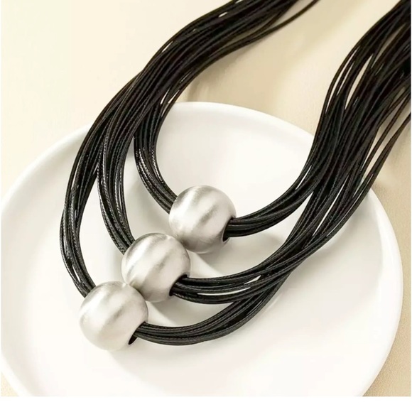 Multilayer Silver Black Ball Statement Necklace - Picture 8 of 9